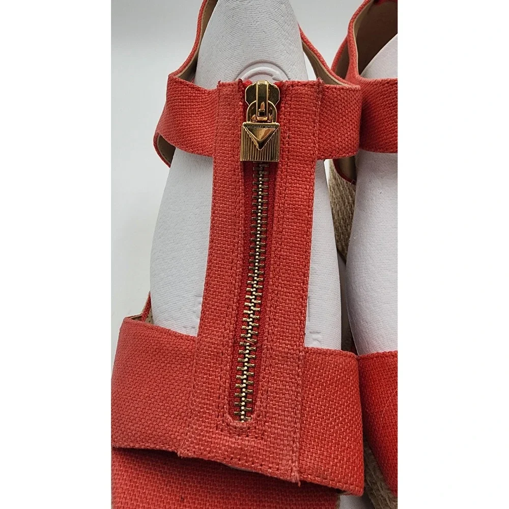 Michael Kors Damita Wedge Sandals Womens 9M Coral Orange Espadrille Zip NEW EXC
